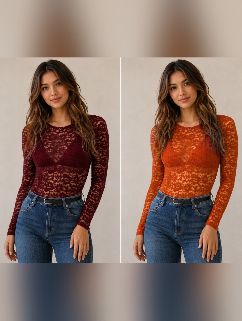 Sheer Lace Stretch Long Sleeve Shirt